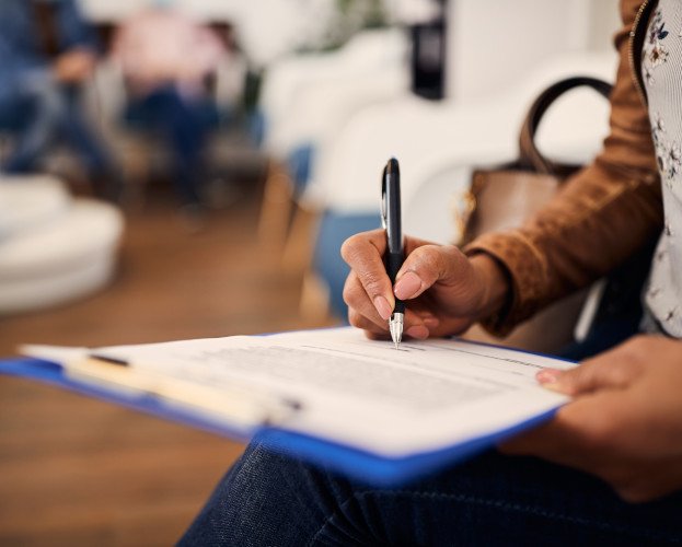 Woman wearing brown jacket filling out form on blue clipboard